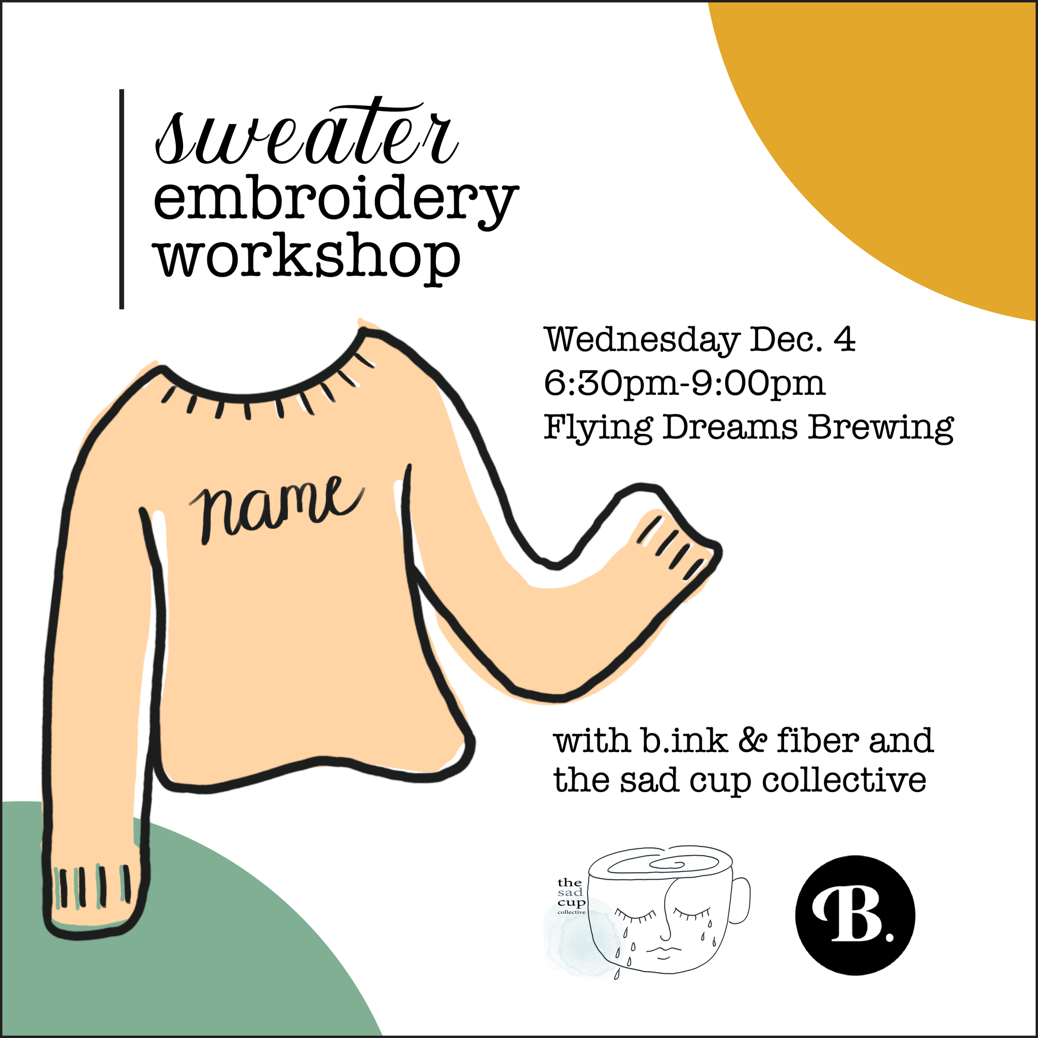 Dec. 4 Sweater Embroidery Workshop at Flying Dreams